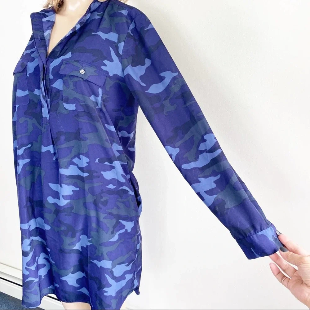 GAP Blue Camo Shirt Shift Dress pockets front S - Picture 8 of 11